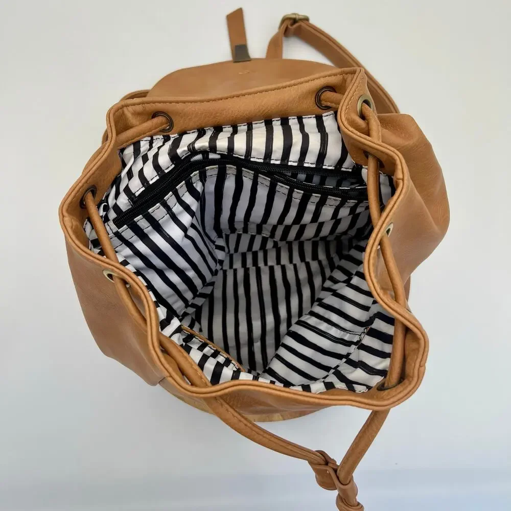 Antik Kraft Stephanie Backpack Tan Vegan Leather Bucket Crossbody Bag Top Handle - Picture 7 of 15